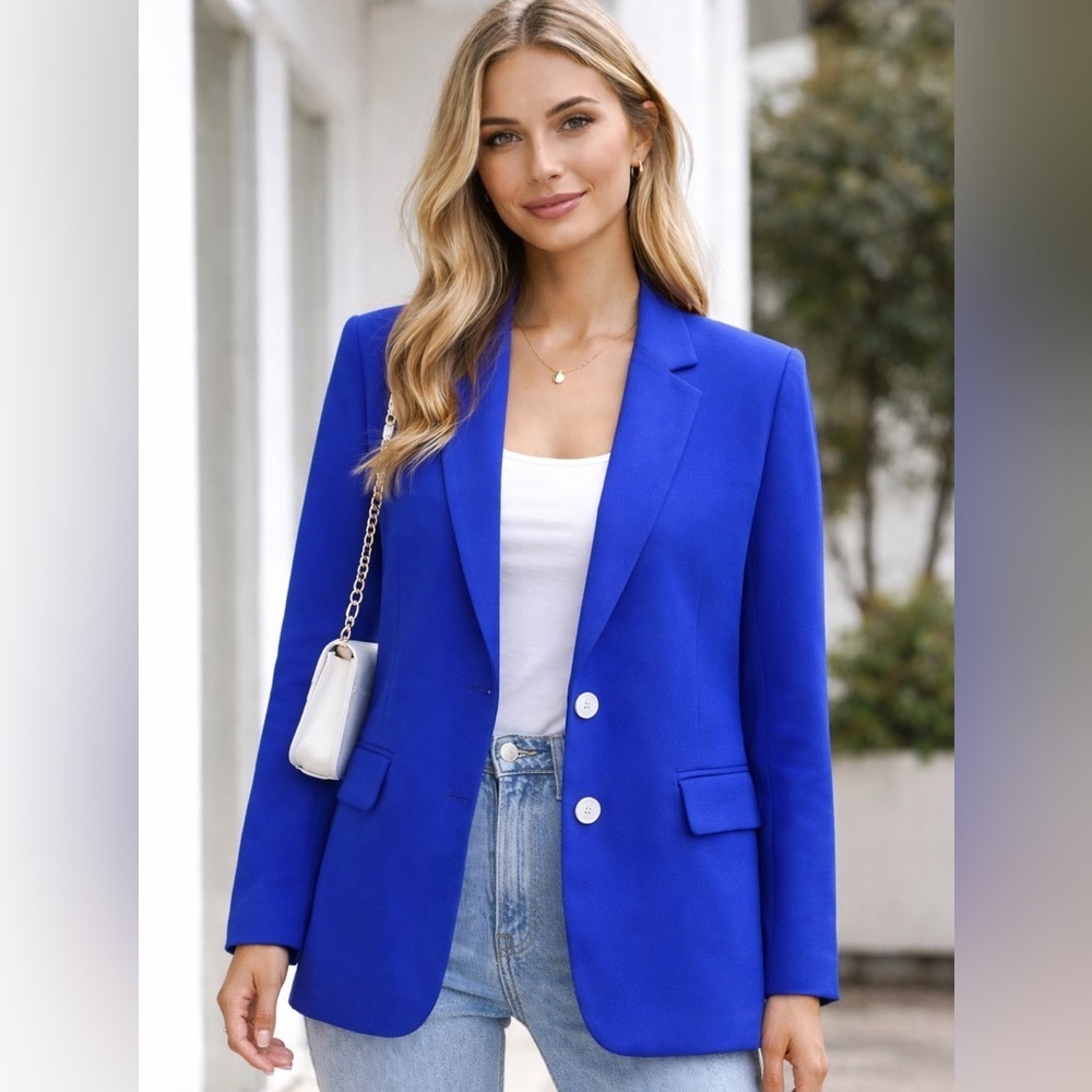 Royal Blue Stretch Blazer XL | Tailored Open Front 2 Button Jacket